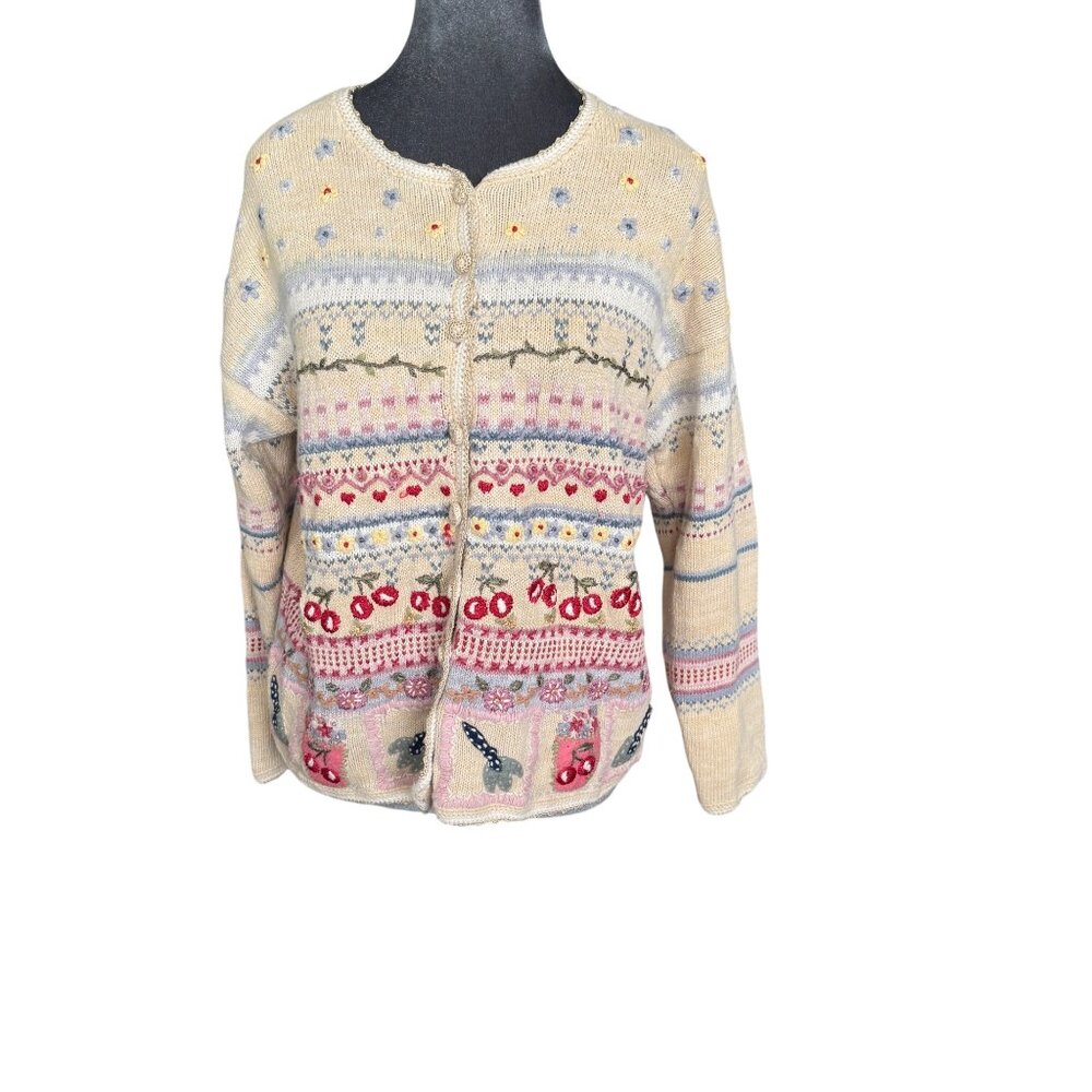 Vintage Hand-Knit Wool Cardigan Sweater With Floral & Cherry Patterns